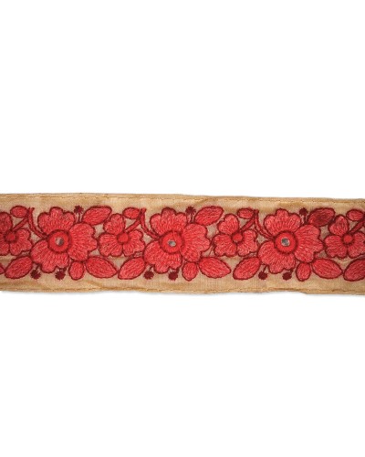 Pasamanería Bordada Floral Espejo Rojo Coral 40mm (Corte 0.50m) | Babachic
