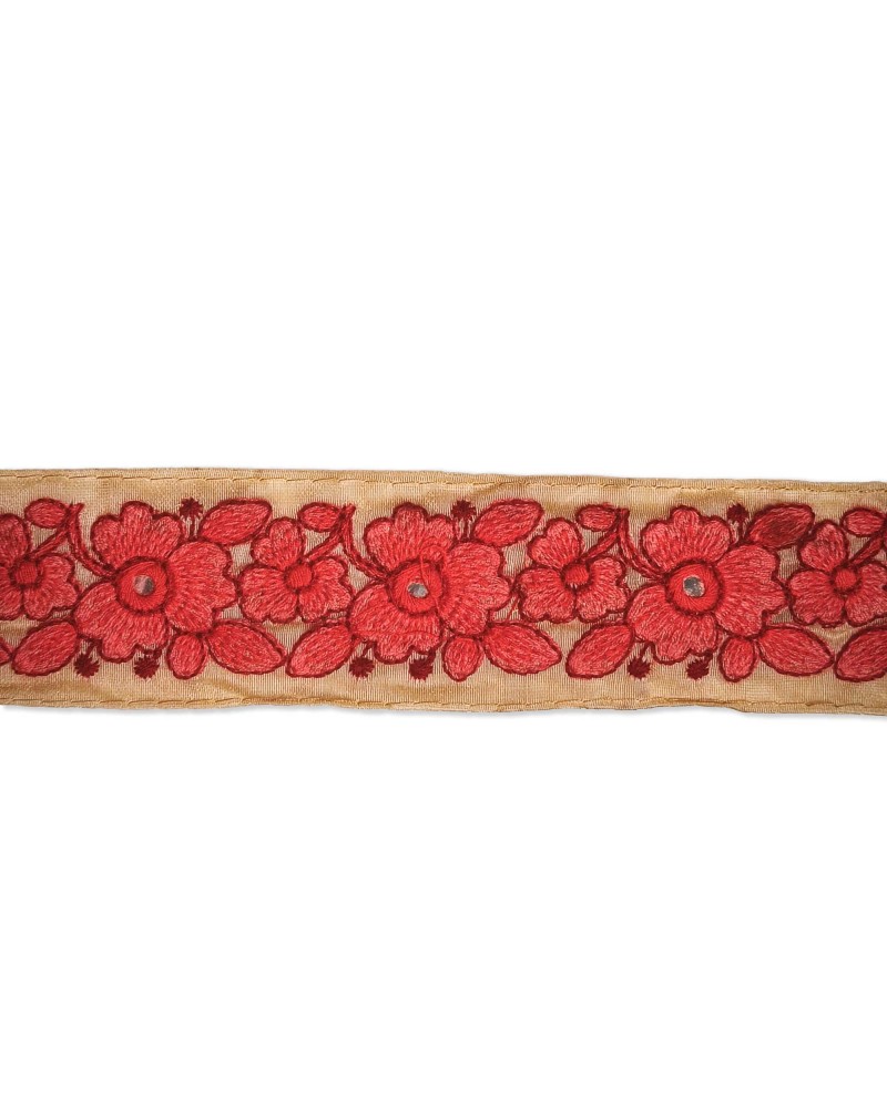 40mm Coral Red Floral Embroidered Mirror Trim (0.50m Cut) | Babachic