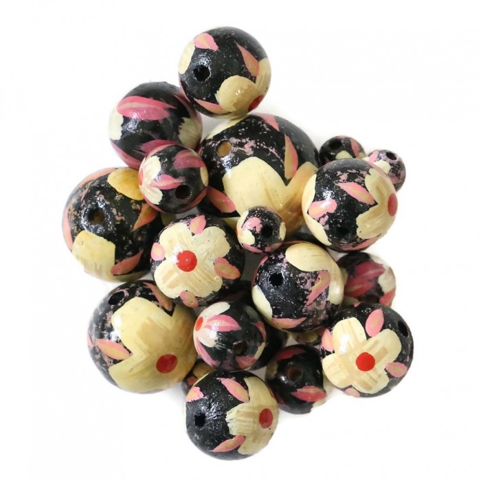 Flowers Wooden beads - Hibiscus - Black, beige and pink Babachic by Moodywood
