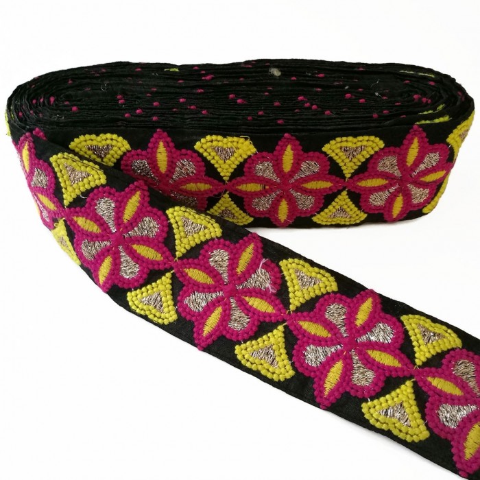 Embroidery Embroidery rosette - Black, pink and yellow - 60 mm babachic
