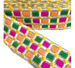 Embroidery Embroidered braid - Mosaic - Pink, green, orange, white and yellow - 65 mm babachic