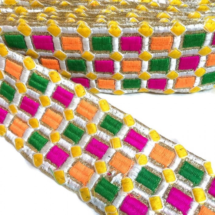 Embroidery Embroidered braid - Mosaic - Pink, green, orange, white and yellow - 65 mm babachic