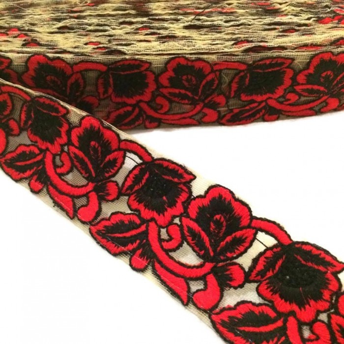 Embroidered tulle - Red and black - 45 mm