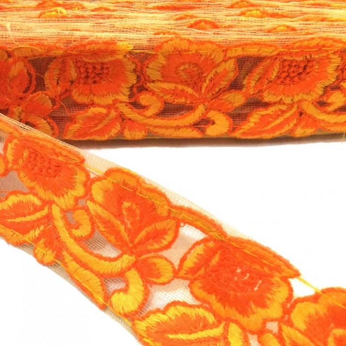 Embroidery Embroidered tulle - Flowers lace - Yellow - 45 mm