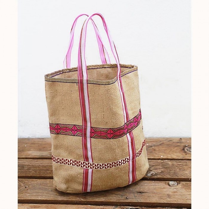 Jute bag with ribbons - Pink