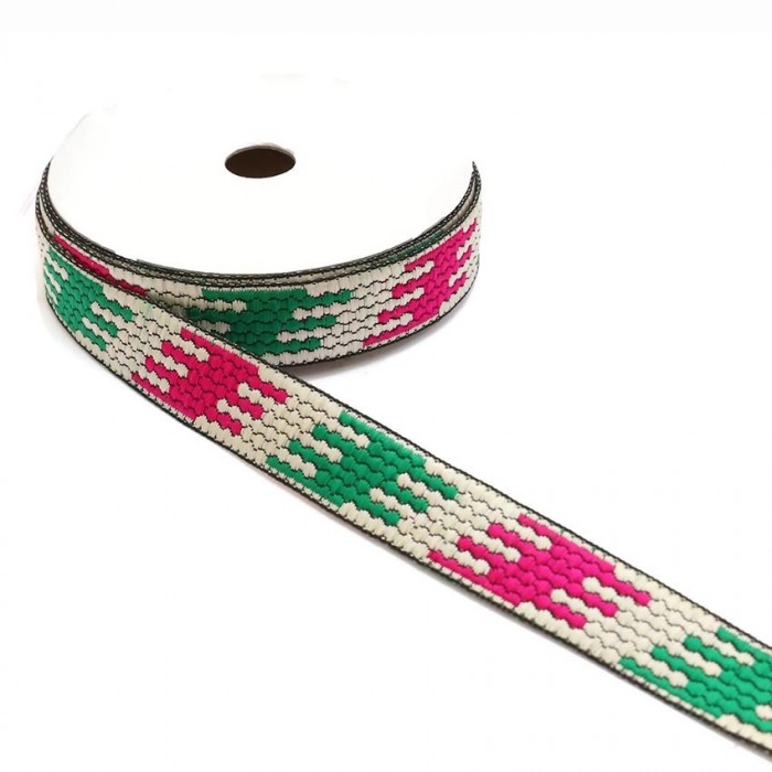 Ribbons Graphic ribbon - Puzzle - Green, white and pink - 20 mm babachic