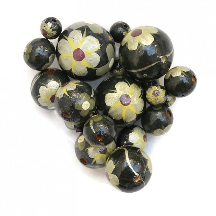 Flowers Wooden beads - Hibiscus - Black, silver and yellow Babachic by Moodywood