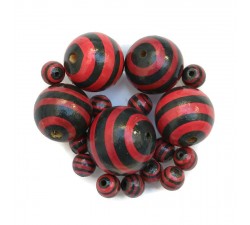 Wooden beads - Stipes - Black and red
