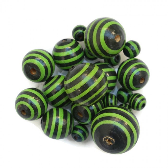 Wooden beads - Stipes - Black and green
