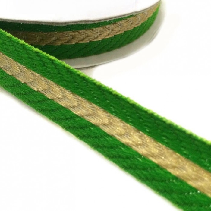 Ribbons Woven braid - Stripes - Green and golden - 18 mm babachic