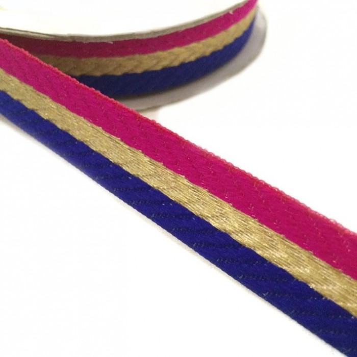Cintas Galón tejido - Rayas - Fucsia, azul y dorado - 18 mm babachic