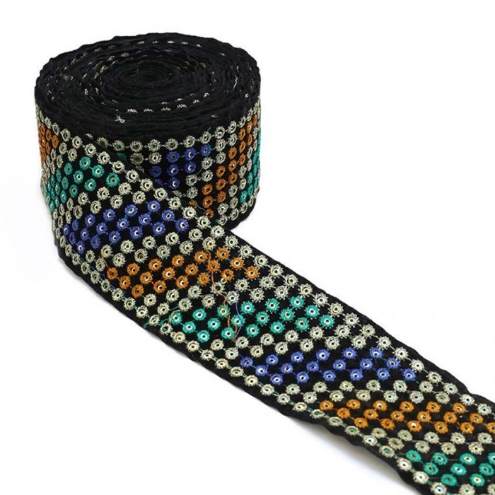 Embroidery Velvet ribbon - Sequins and threads - Blue, yellow, turquoise, silver and black - 55 mm