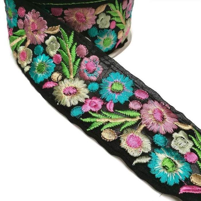 Broderies Broderie Indienne - Estivale - Rose, bleu et noir - 55 mm babachic