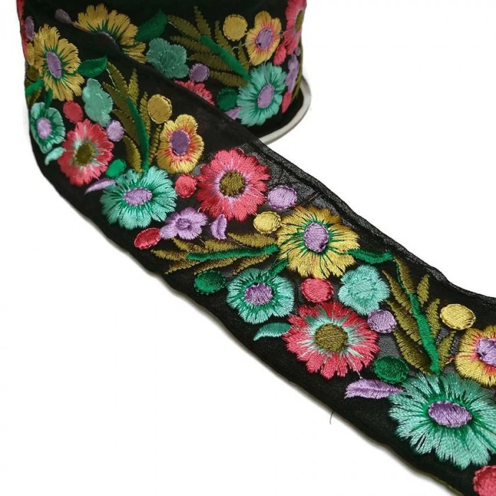 Broderies Broderie Indienne - Estivale - Saumon, jaune, bleu et noir - 55 mm babachic