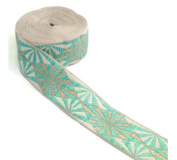 Rubaneries Ruban Indien - Horizon - Turquoise, doré et beige - 50 mm babachic