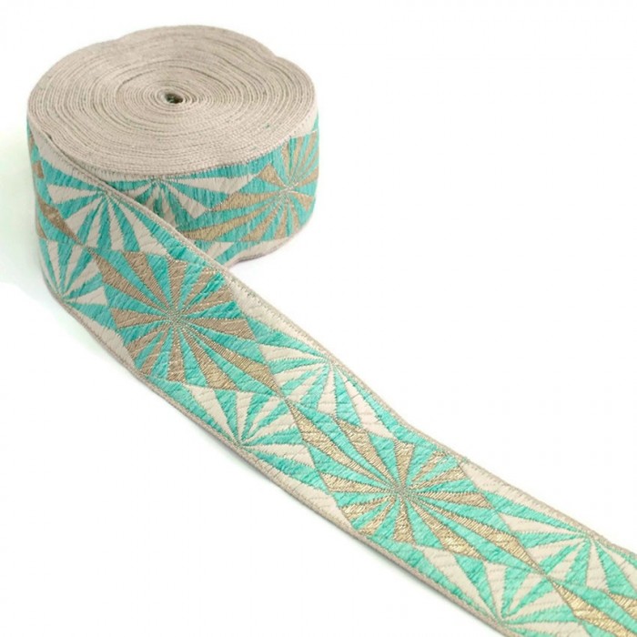 Rubaneries Ruban Indien - Horizon - Turquoise, doré et beige - 50 mm babachic