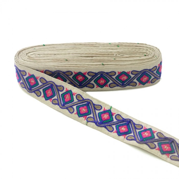 Embroidery Ethnic embroidery - Jungle - Blue, pink, green, brown and beige - 45 mm babachic