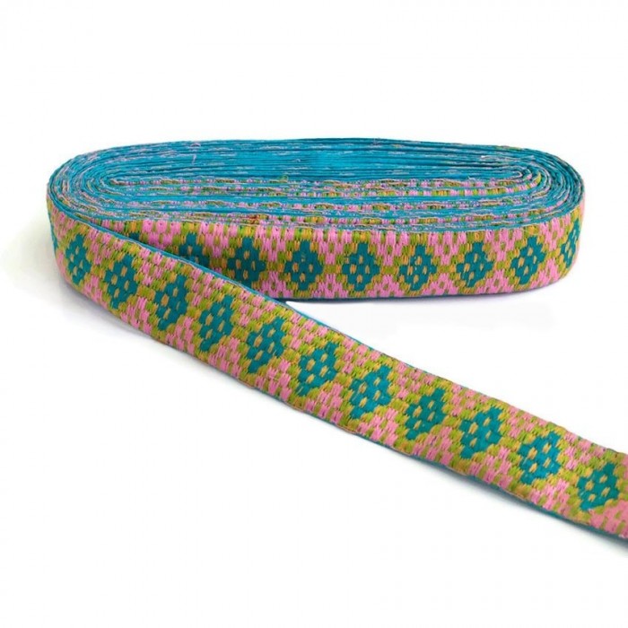 Blue Graphic embroidery - Rhombus - Blue, yellow, pink and green - 40 mm
