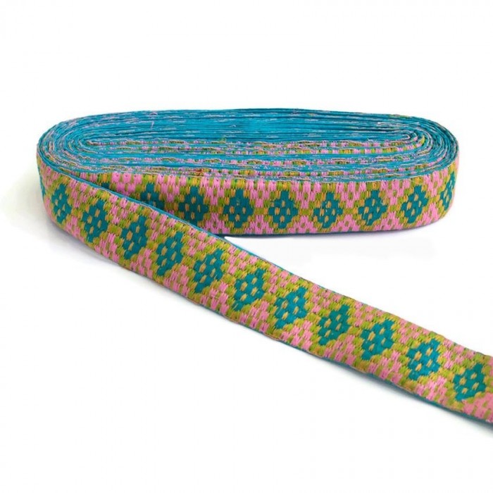 Azul Passamanería gráfica - Rombos - Azul, amarillo, rosa y verde - 40 mm
