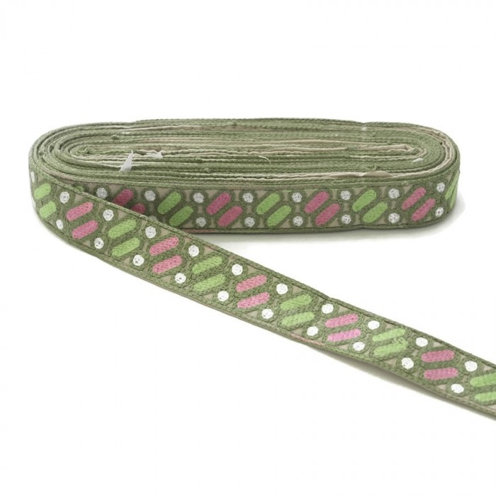 Bordado Bordado étnico - Dragibus - Verde, rosa y blanco - 30 mm babachic