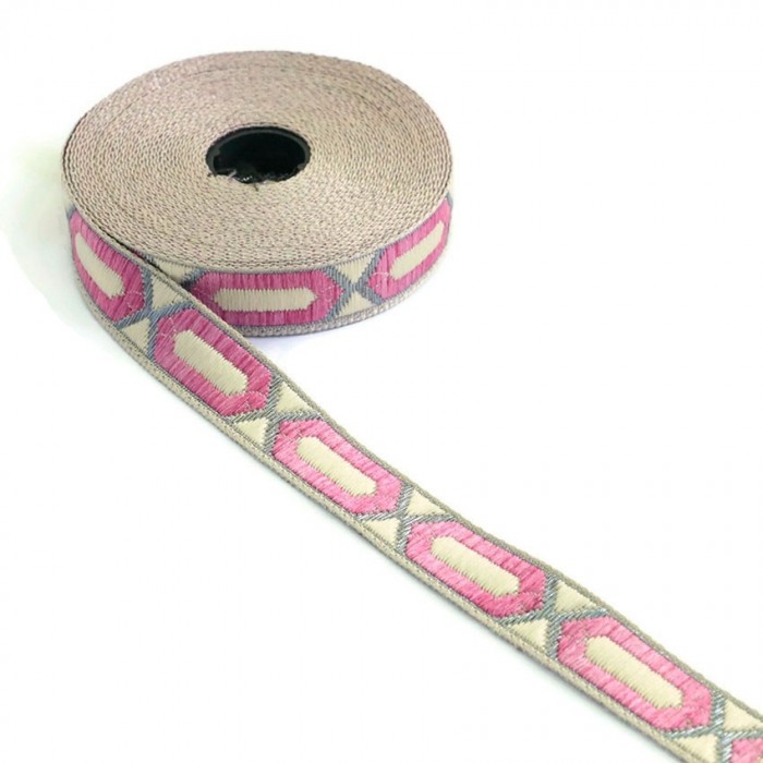 Ribbons Elogated hexagon ribbon - Pink, beige and silver - 20 mm