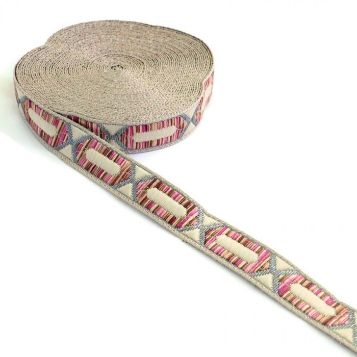 Cintas Galón tejido - Hexágono alargado - Rosa 2, beige y plateado - 20 mm babachic