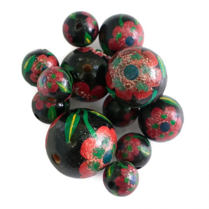 Flowers Wooden beads - Peltée - Black and red Babachic by Moodywood