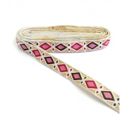 Embroidery Broderie Indienne - Losanges - Blanc, fuchsia, marron et rose - 30 mm babachic