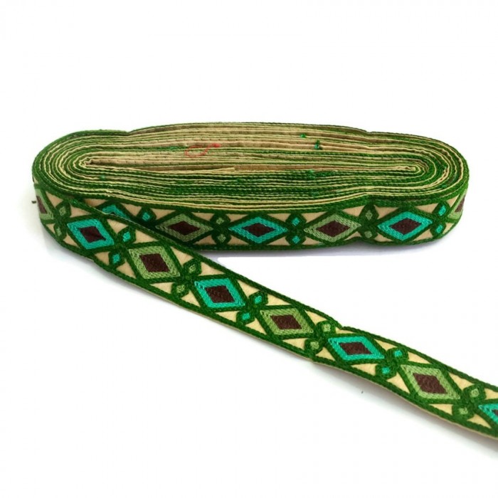 Bordado Broderie Indienne - Losanges - Vert sapin, kaki, vert turquoise et marron - 30 mm babachic