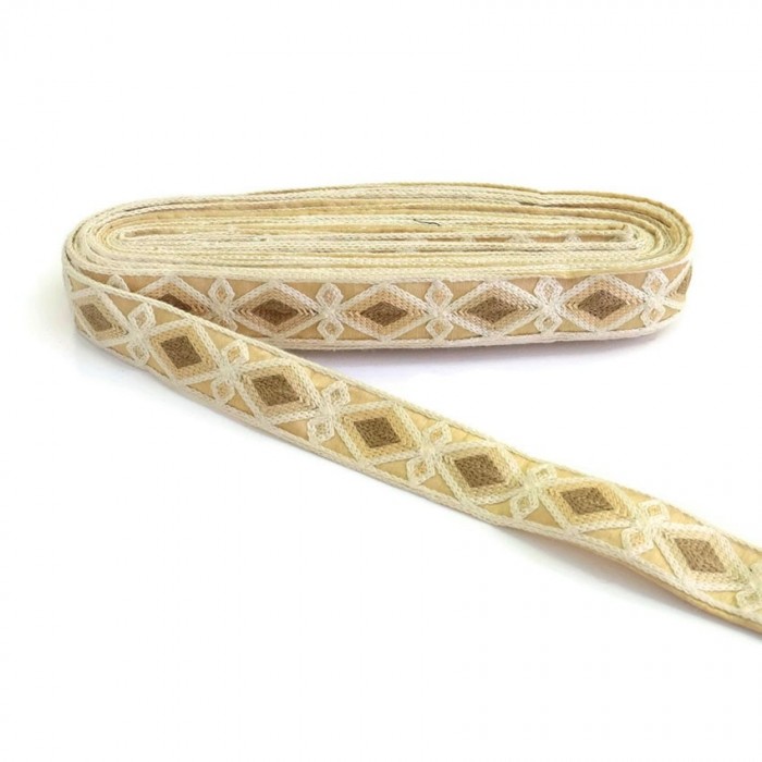 Bordado Broderie Indienne - Losanges - Blanc, beige et marron - 30 mm babachic