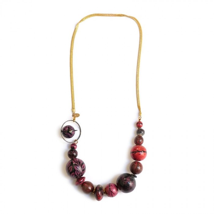 Colliers Collier court en perles en bois et chaine dorée - Magenta Babachic by Moodywood