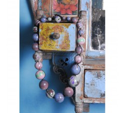 Accueil Collier court en perles en bois - Bleu et rose