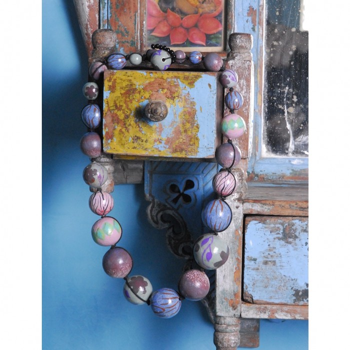 Home Collier court en perles en bois - Bleu et rose