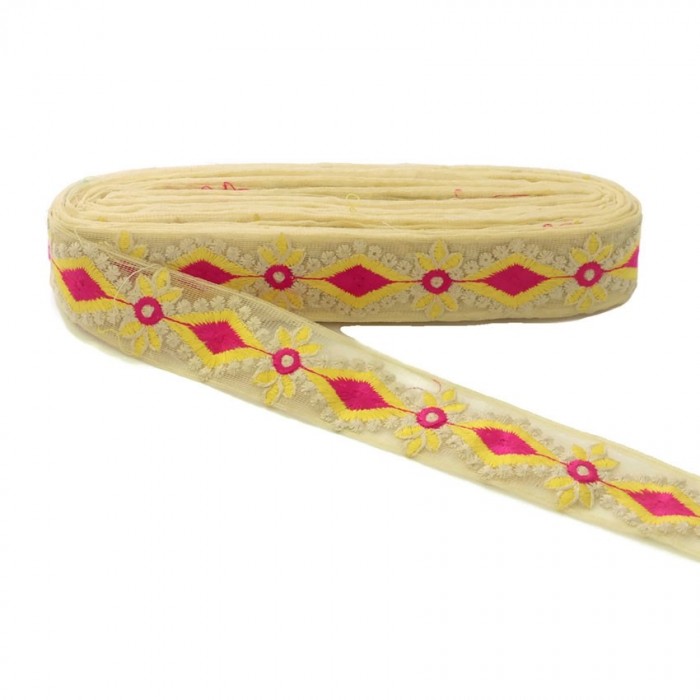 Bordado Tul bordada - Rosa y amarillo - 40 mm