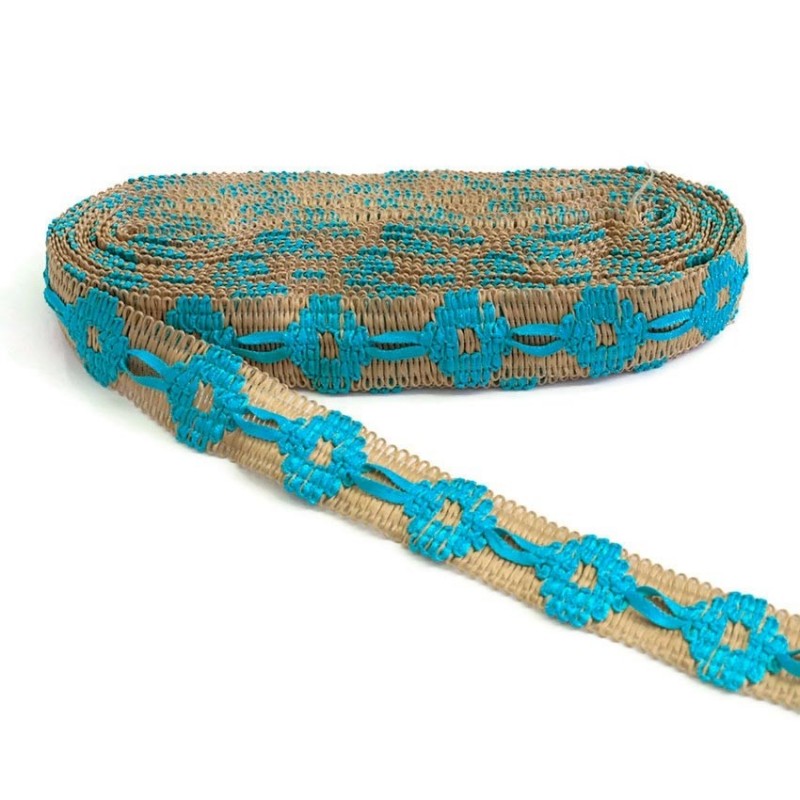 Embroidery Jute embroidered trimming with turquoise ribbon - 30 mm