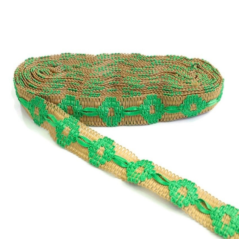 Bordado Cinta de jute decorada de cinta verde - 30 mm babachic