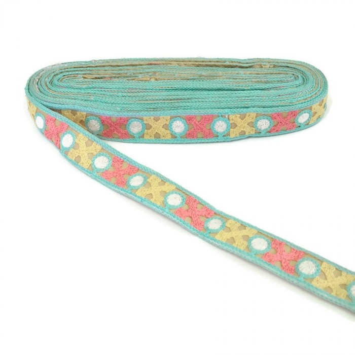 Embroidery Light blue ribbon lined with yellow and pink crosses - 28 mm babachic