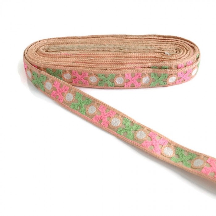 Embroidery Salmon ribbon lined with green and pink crosses - 28 mm babachic