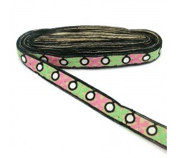 Bordado Cinta negra bordeada de cruces verde y rosa - 28 mm babachic
