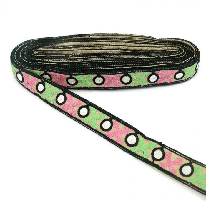 Embroidery Black ribbon lined with pink and green crosses - 28 mm babachic