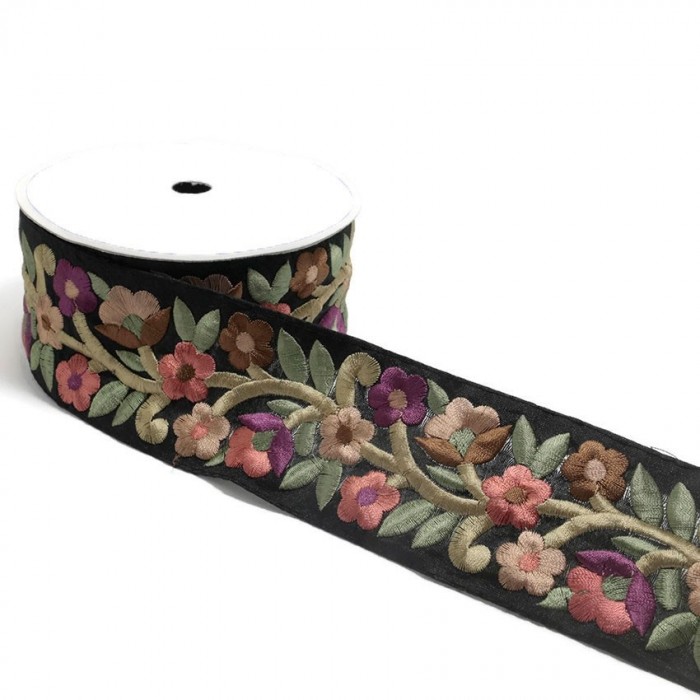 Embroidery Retro embroidery - Flower farandole - Salmon, burgundy, brow and black - 60 mm babachic