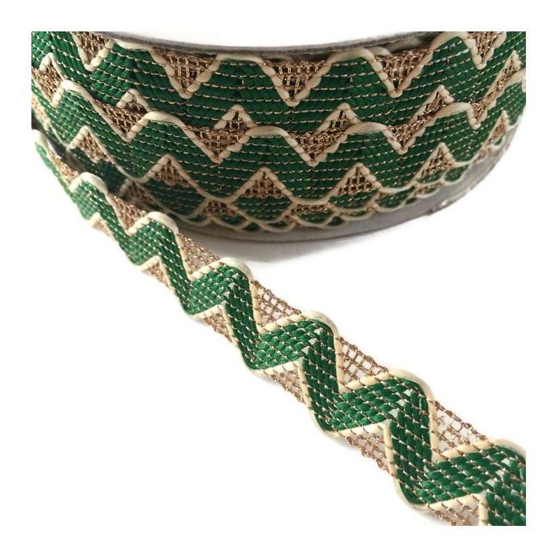 Ric Rac Green Rickrack braid style with golden lurex thread - 20 mm babachic