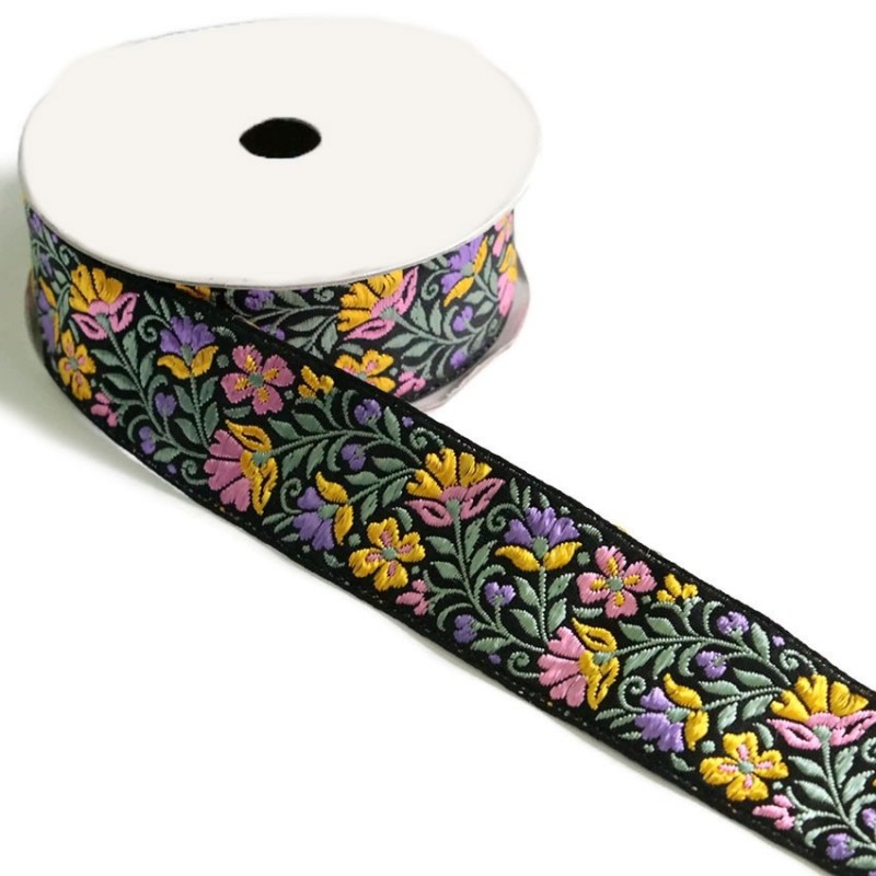 Rubaneries Ruban tissé fleuri - Jaune, rose sur fond noir - 35 mm