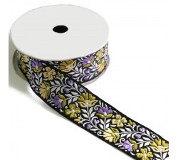 Broderies Ruban tissé fleuri - Lilas et vert sur fond noir - 35 mm