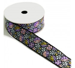Embroidery Blossom ribbon - Lilac and green with black background - 35 mm