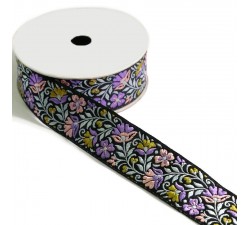 Broderies Ruban tissé fleuri - Lilas et vert sur fond noir - 35 mm