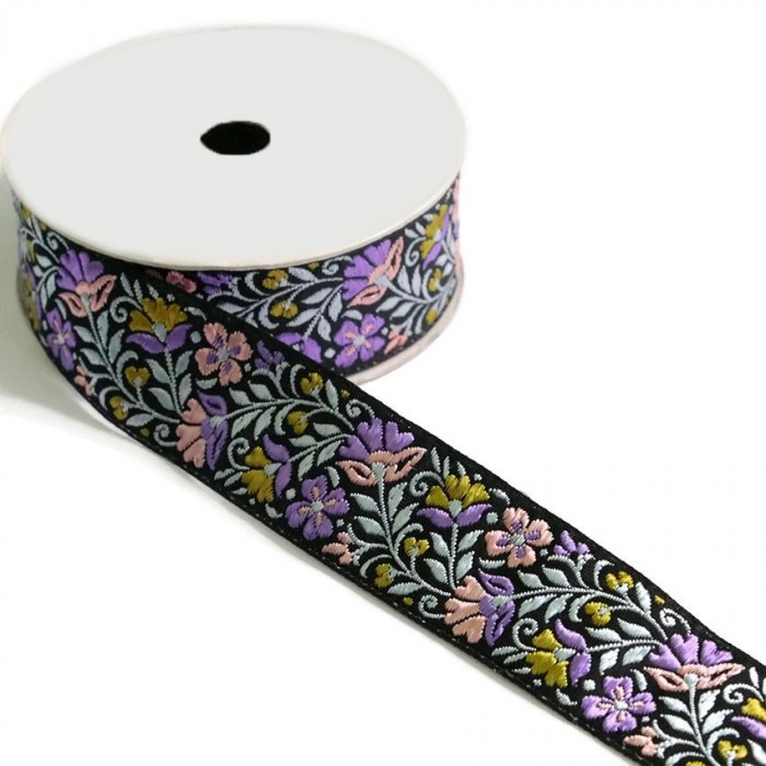 Blossom ribbon - Lilac and green with black background - 35 mm