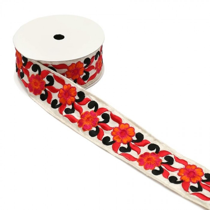 Embroidery Blossom border with silk thread - Red and black - 55 mm
