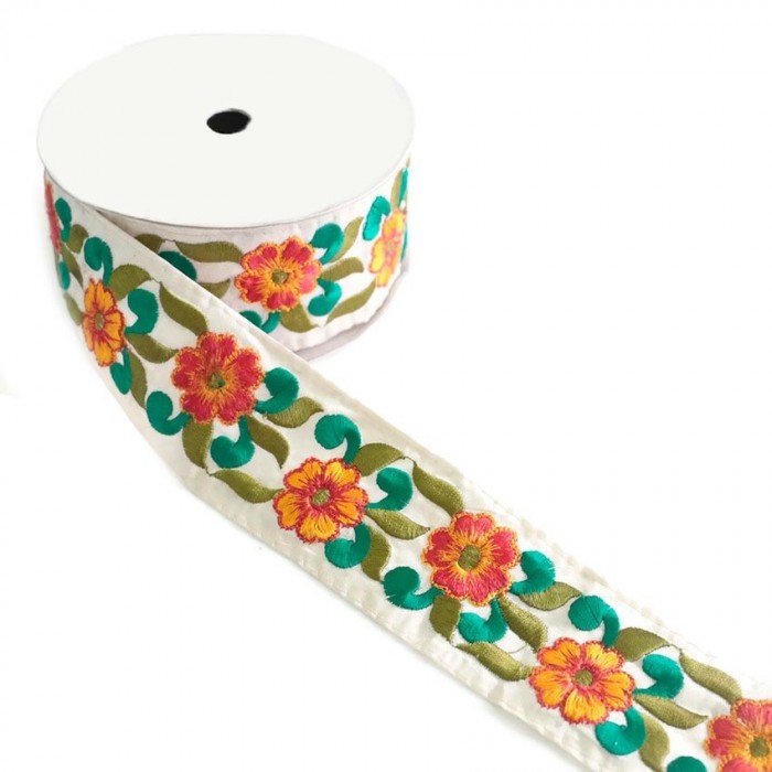 Embroidery Blossom border with silk thread - Green and orange - 55 mm babachic