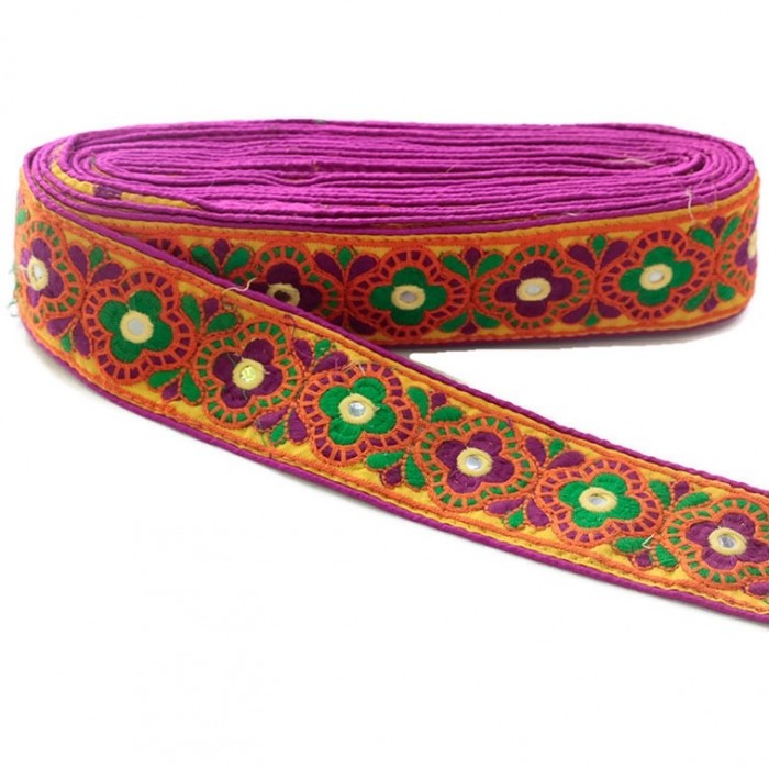 Broderies Bordure décorative Indienne - Magenta, orange et vert - 60 mm babachic